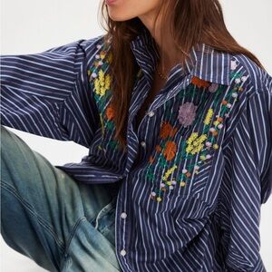 NWOT Free People Navy Striped Floral Embroidered Shirt